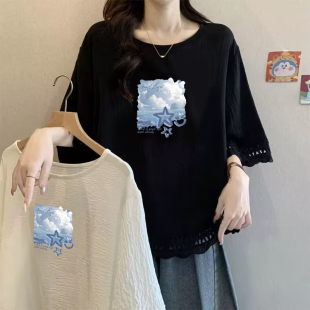 上衣 美式 复古短袖 T恤女胖mm300斤大码 设计感宽松遮肚显瘦简约半袖