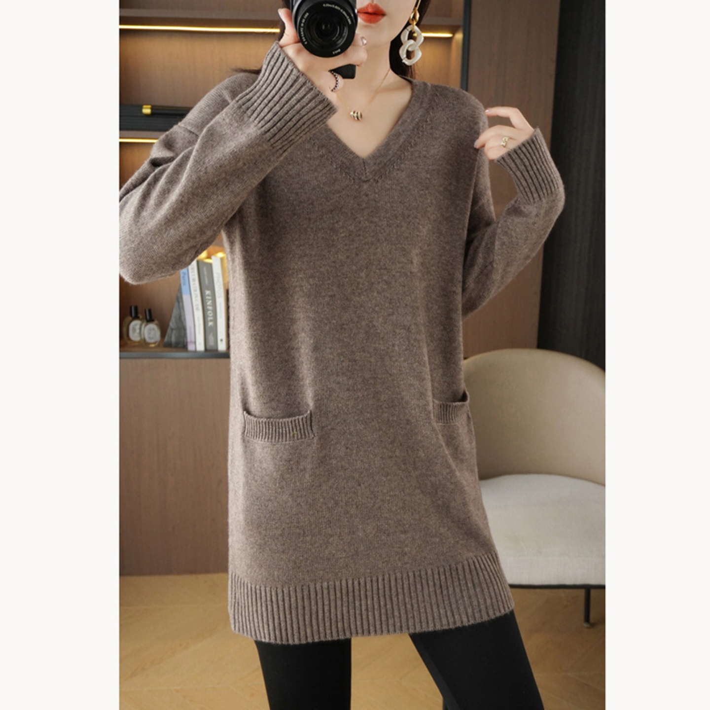 韩版宽松遮臀显瘦V领针织衫毛衣