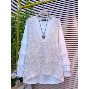 大码 V领钩花镂空针织马甲胖mm300斤时髦宽松简约百搭叠穿背心 女装