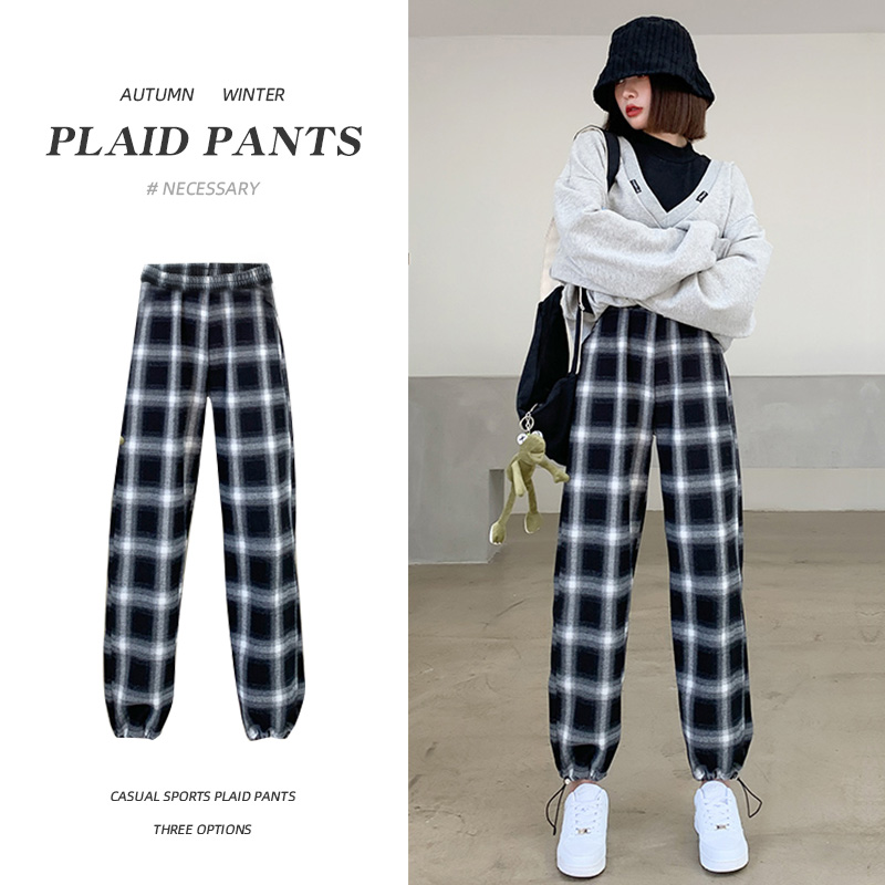 黑白格子裤子女春秋冬季2021新款高腰宽松直筒休闲裤加绒阔腿长裤