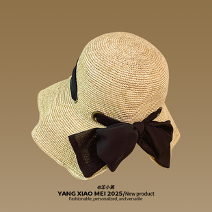 手工编织细拉菲草草帽女夏季度假沙滩遮阳帽优雅蝴蝶结防晒帽子女