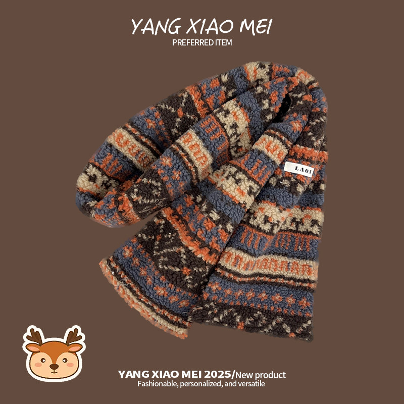 2025新款费尔岛提花小鹿针织毛绒围巾女冬季韩版加厚保暖学生围脖