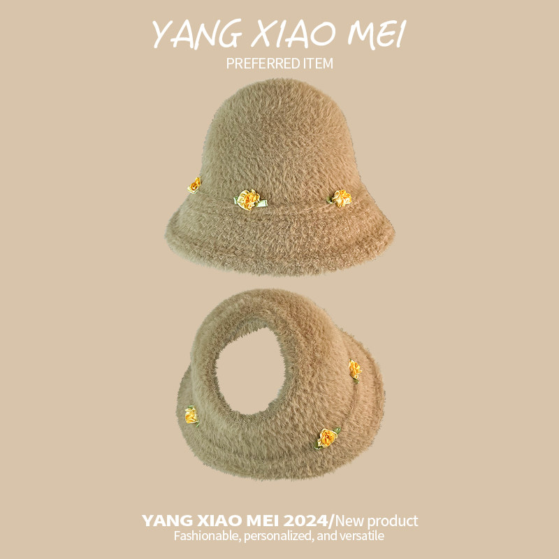 甜美花朵毛绒绒保暖空顶渔夫帽