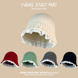 韩版 甜美显脸小盆帽百搭毛线帽子女 潮蕾丝花边针织渔夫帽女秋冬季