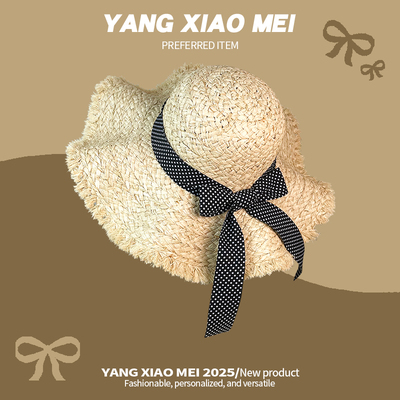 度假风甜美蝴蝶结拉菲草帽子女