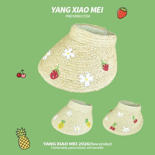 甜美拉菲草空顶大檐防晒草帽女