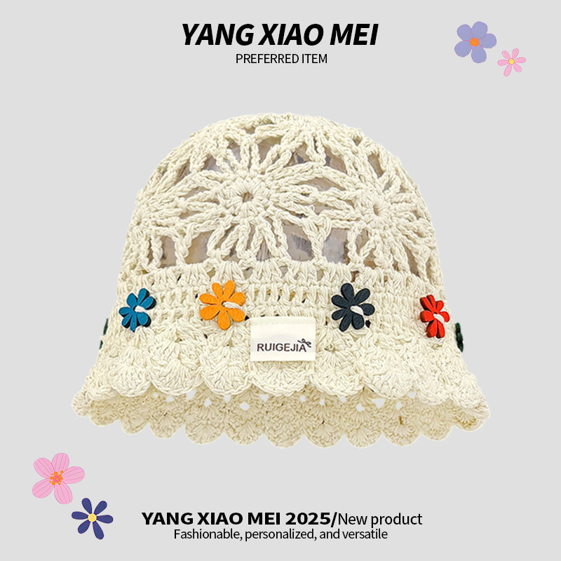 民族风甜美花朵手工钩织针织帽子女春夏季薄款透气显脸小渔夫帽女
