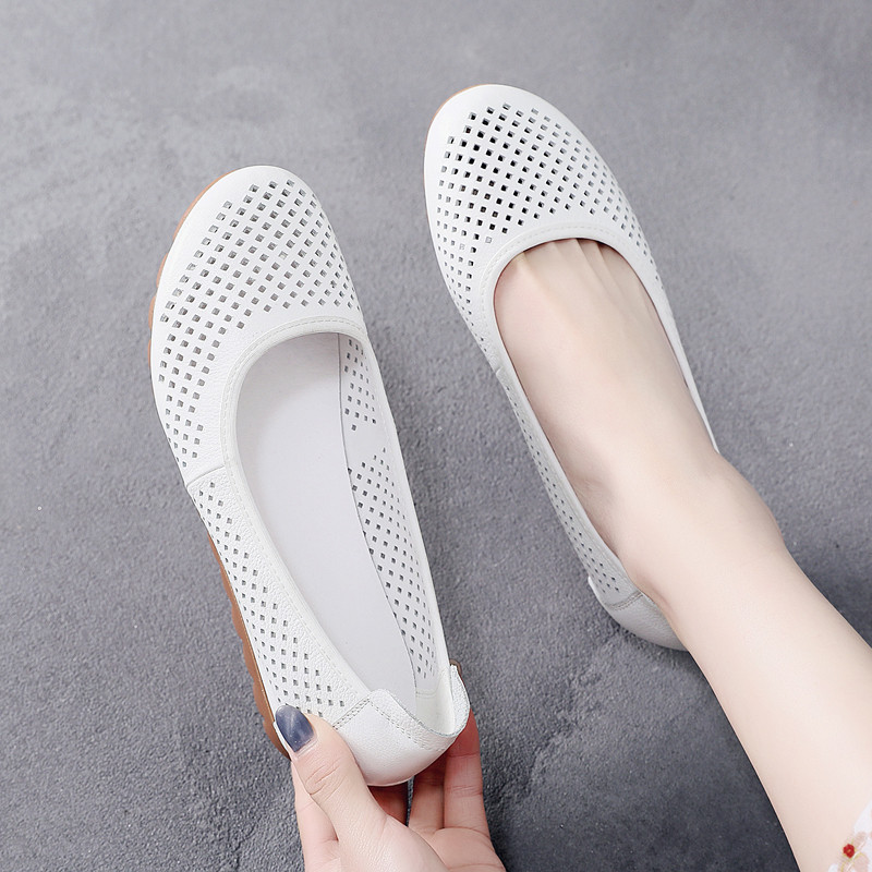 夏天平底单鞋真皮白色牛筋底护士鞋女软底舒适透气镂空女鞋