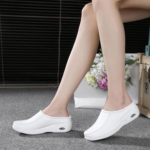纯色护士鞋女牛皮舒适透气平底圆头包头半拖鞋氣乳白色轻便