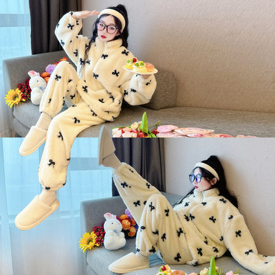 儿童睡衣珊瑚绒2025新款女童冬季家居服青少年女孩加厚法兰绒套装