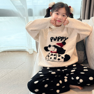 加厚珊瑚绒套装 儿童睡衣女孩2025新款 女童半边绒家居服青少年冬季
