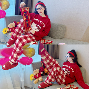 儿童睡衣冬季2025新款女童红色珊瑚绒家居服初中生女孩半边绒套装
