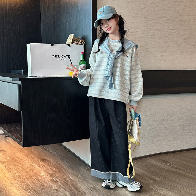 女童秋装卫衣套装2025新款儿童韩系穿搭大童女孩牛仔阔腿裤两件套