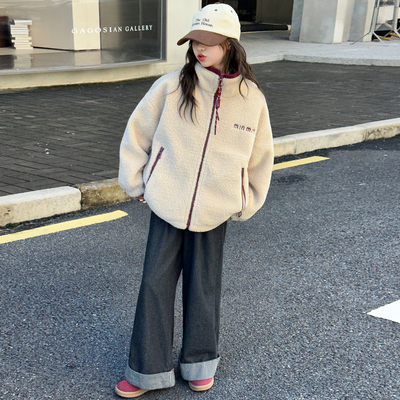 女童秋冬装外套2025新款儿童洋气羊羔绒上衣大童女孩夹棉加厚棉服