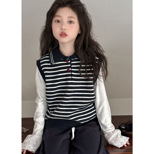 女童秋装套装2025新款儿童洋气针织马甲大童女孩早秋打底衫两件套