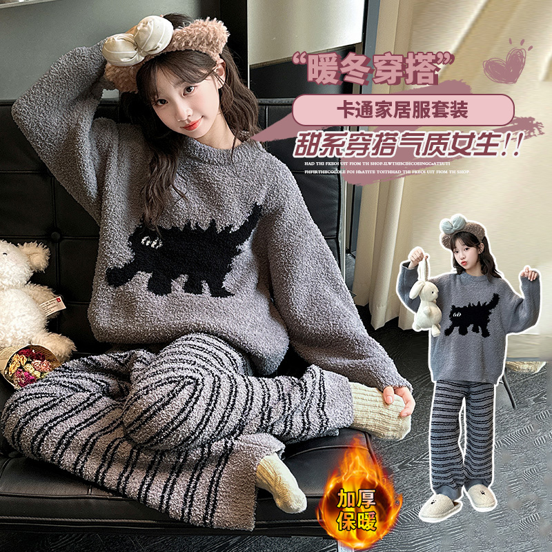 儿童睡衣冬2025新款女童半边绒家居服大童女孩冬季加厚珊瑚绒套装