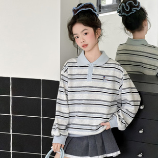 女童条纹polo衫2026春秋新款儿童休闲百搭卫衣大童女孩春装套头衫