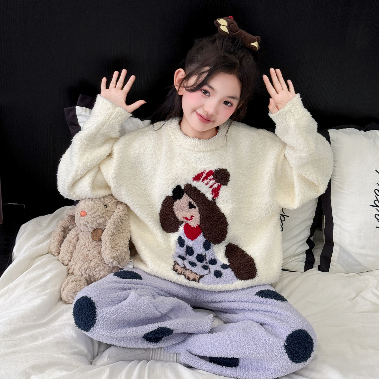 儿童睡衣女孩2025新款女童加厚半边绒家居服青少年冬季珊瑚绒套装