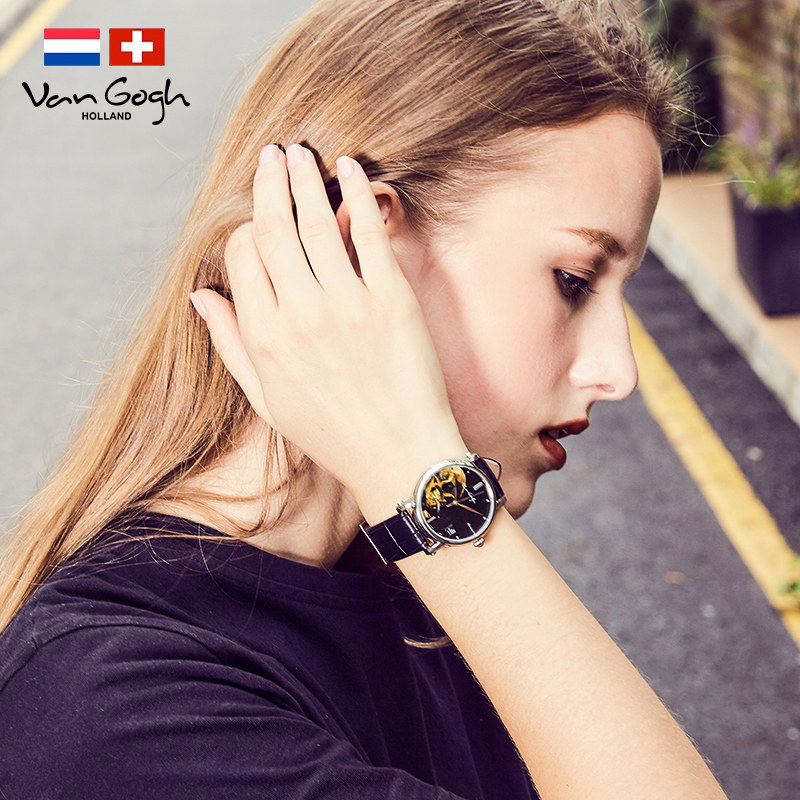 van gogh梵高瑞士手表女油画表面牛皮表带潮牌博物馆原装进口