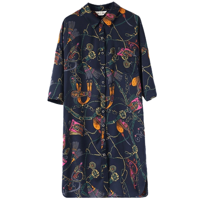 妙采印花翻领七分袖中长款衬衫