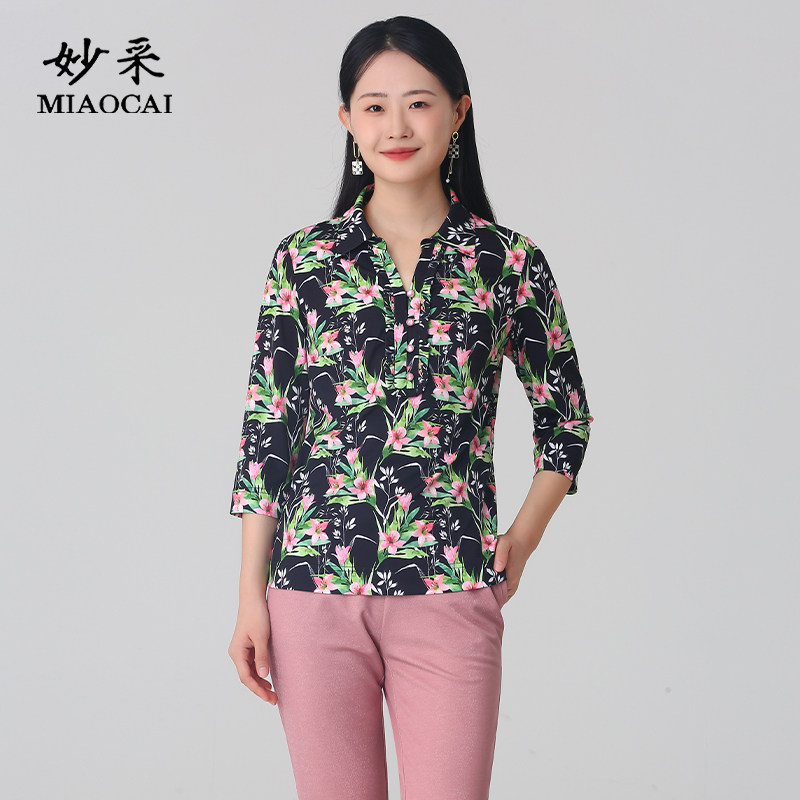 妈妈装春装洋气印花长袖衬衫上衣