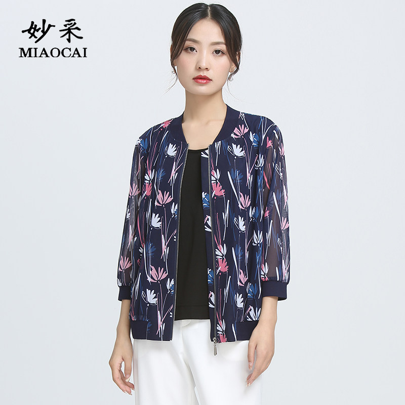 妙采旗舰店中年妈妈装七分袖网纱薄款夹克衫宽松时尚洋气减龄外套