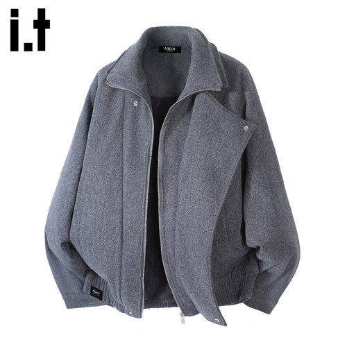 灰色双层领毛呢棉服男款2025冬季