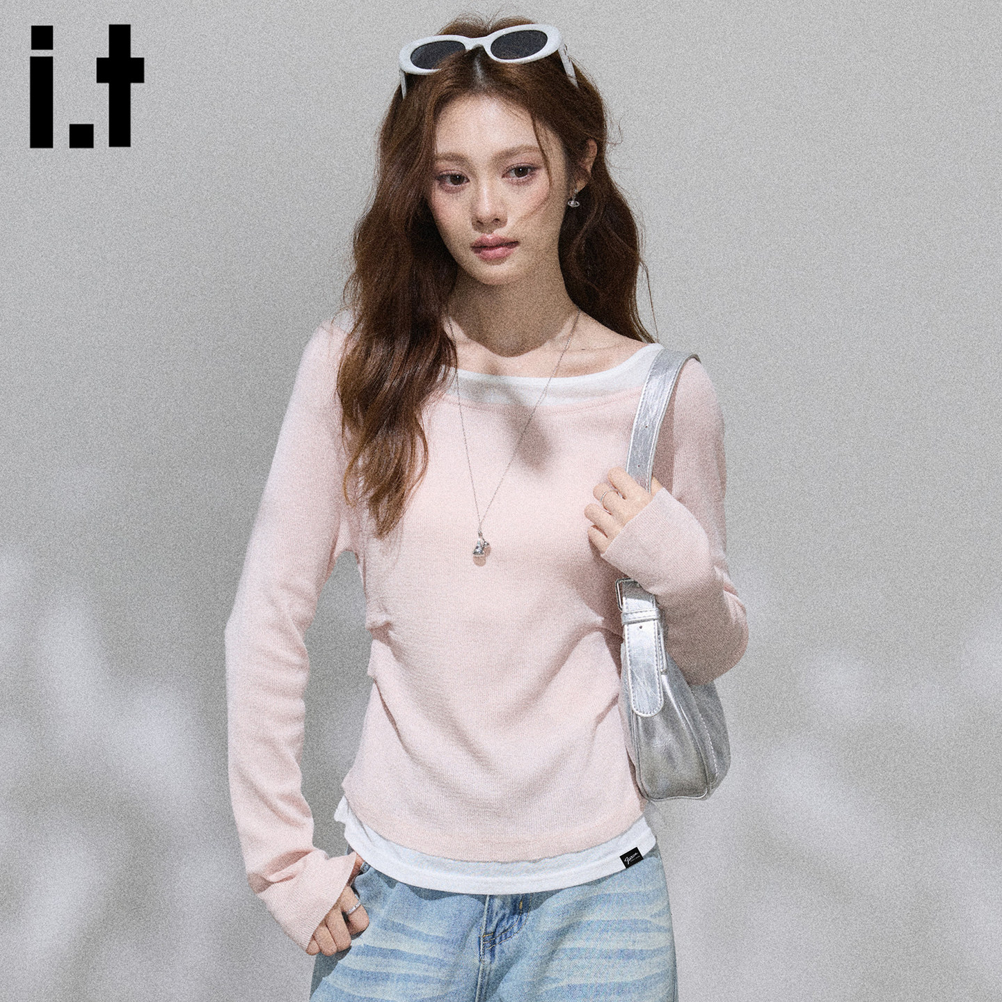 it :5cm/FIVECM粉色大圆领撞色抽褶修身针织衫女2026春秋长袖上衣