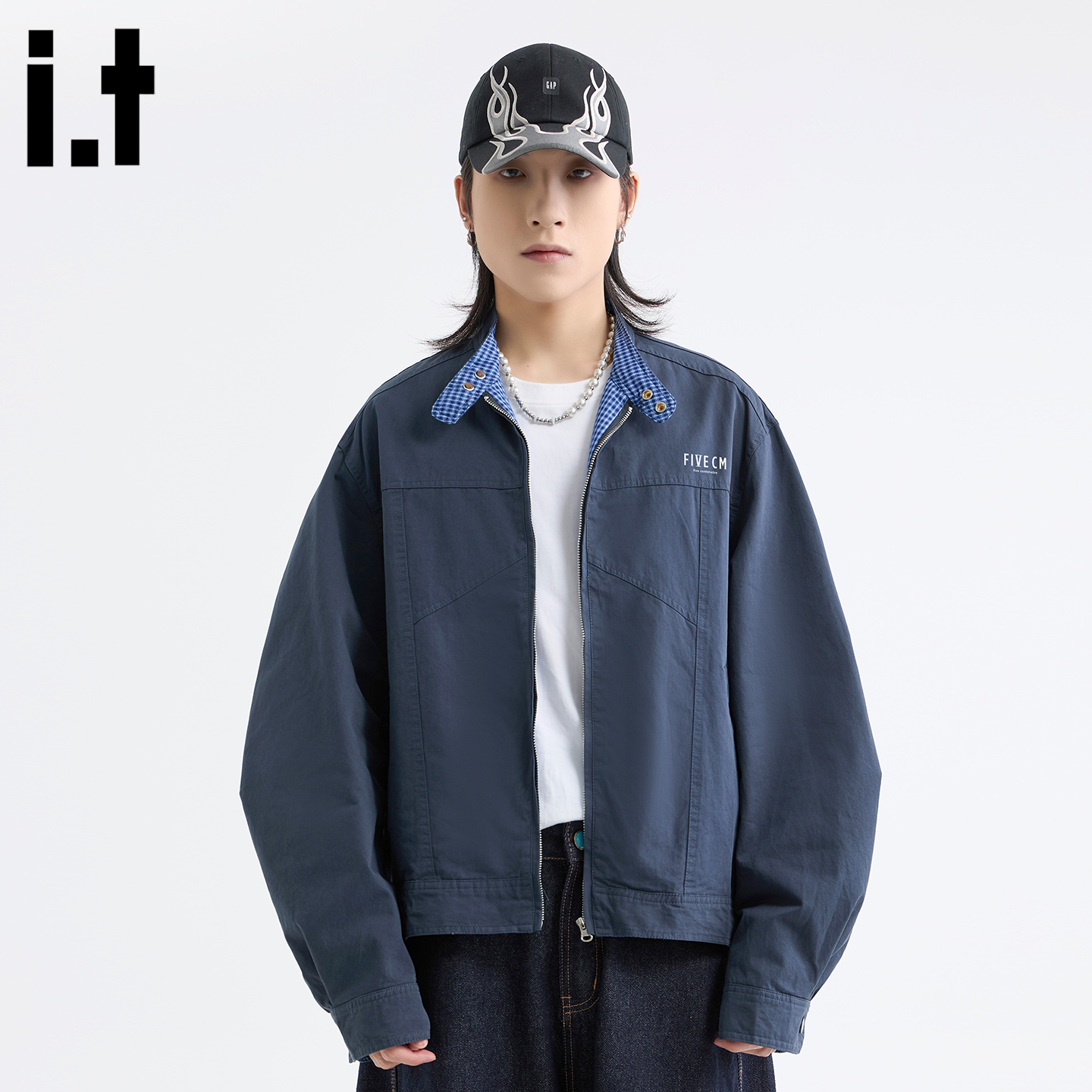 it者复古蓝色立领男生夹克外套