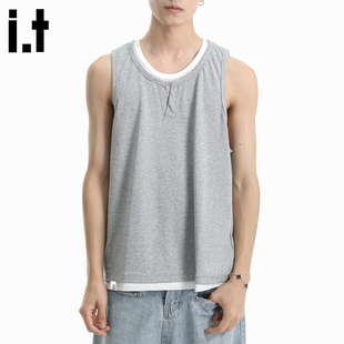 t恤男夏季 FIVECM亨利领拼接假两件无袖 简约休闲运动背心 5cm