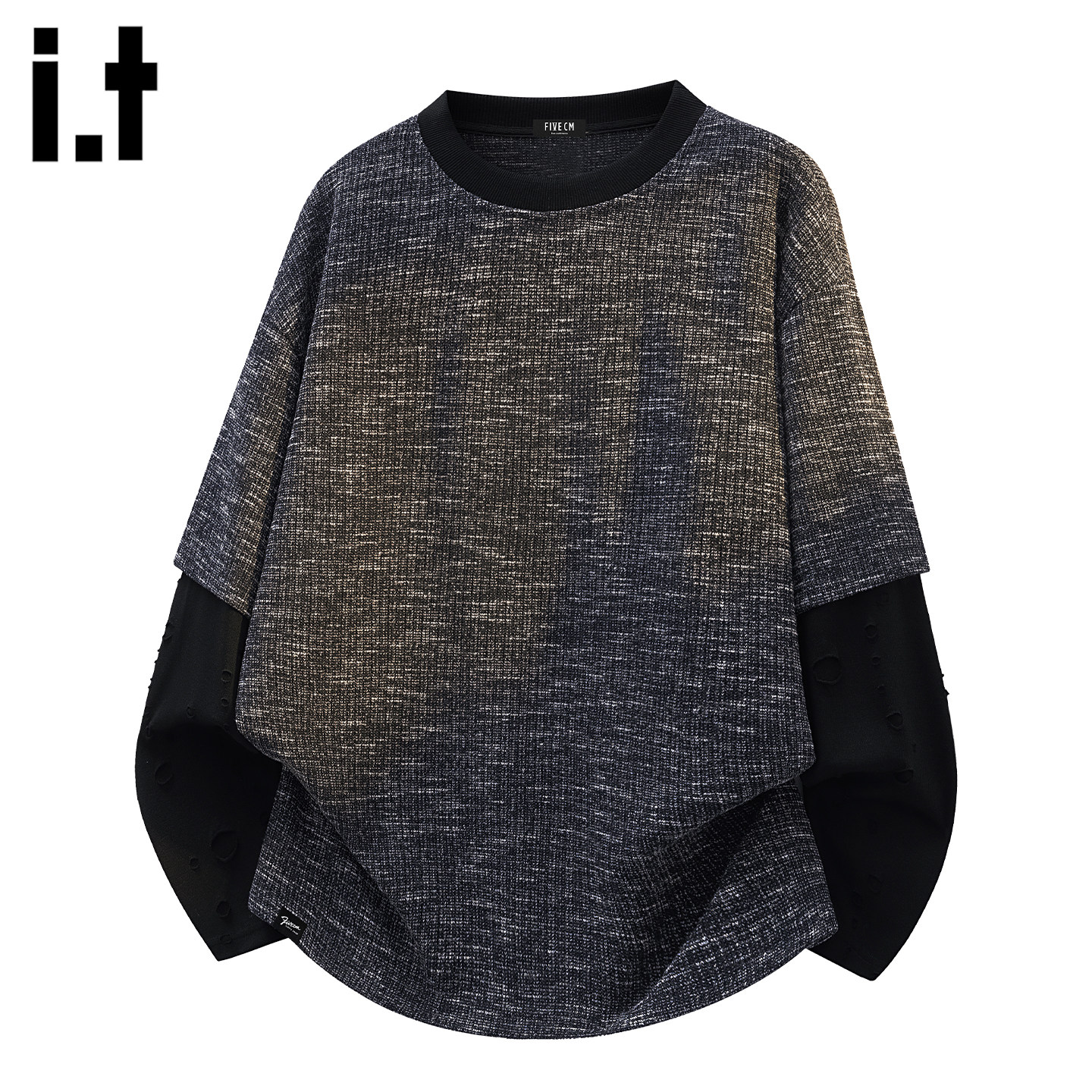 it :5cm/FIVECM春季男款潮牌宽松长袖上衣服男复古假两件圆领卫衣