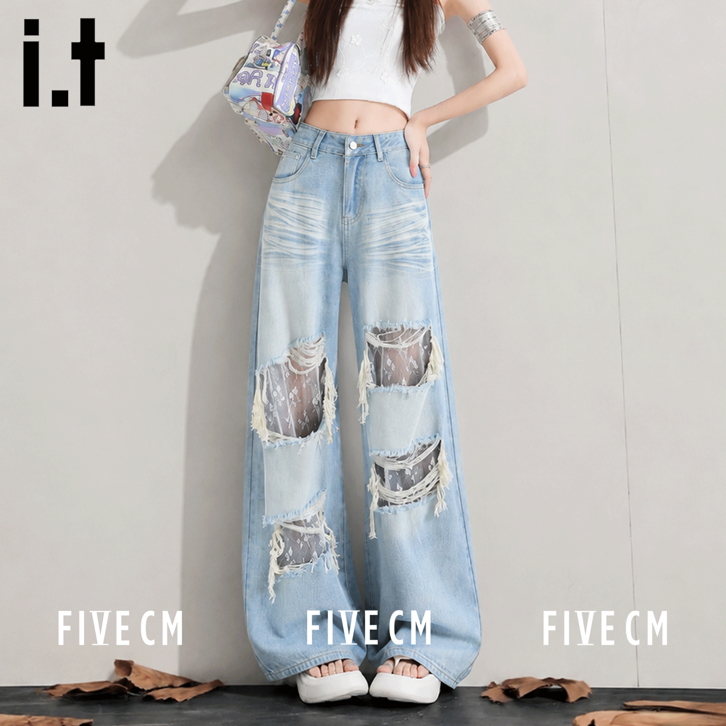 it夏季复古做旧破洞阔腿牛仔裤女