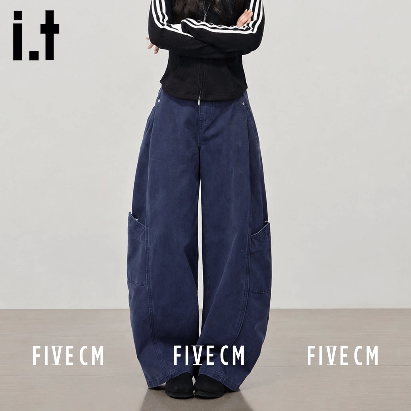 itFIVECM藏蓝色工装弯刀裤女