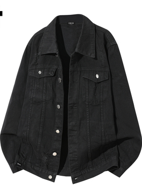 it :5cm/FIVECM潮牌黑色翻领牛仔夹克男士2025秋冬季时尚破洞外套
