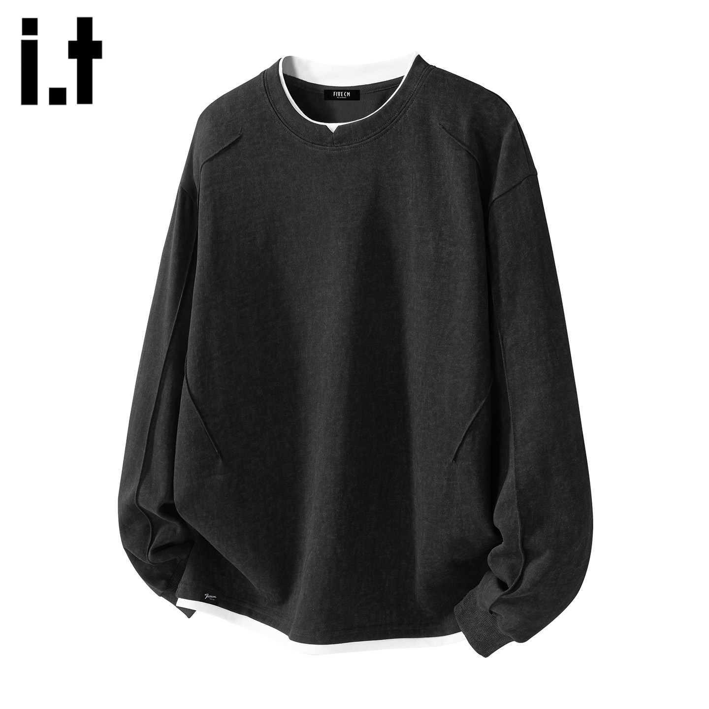 黑色假两件圆领套头卫衣