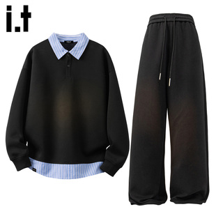 it :5cm/FIVECM黑色套装一整套男款2025新款秋冬季卫衣长裤两件套