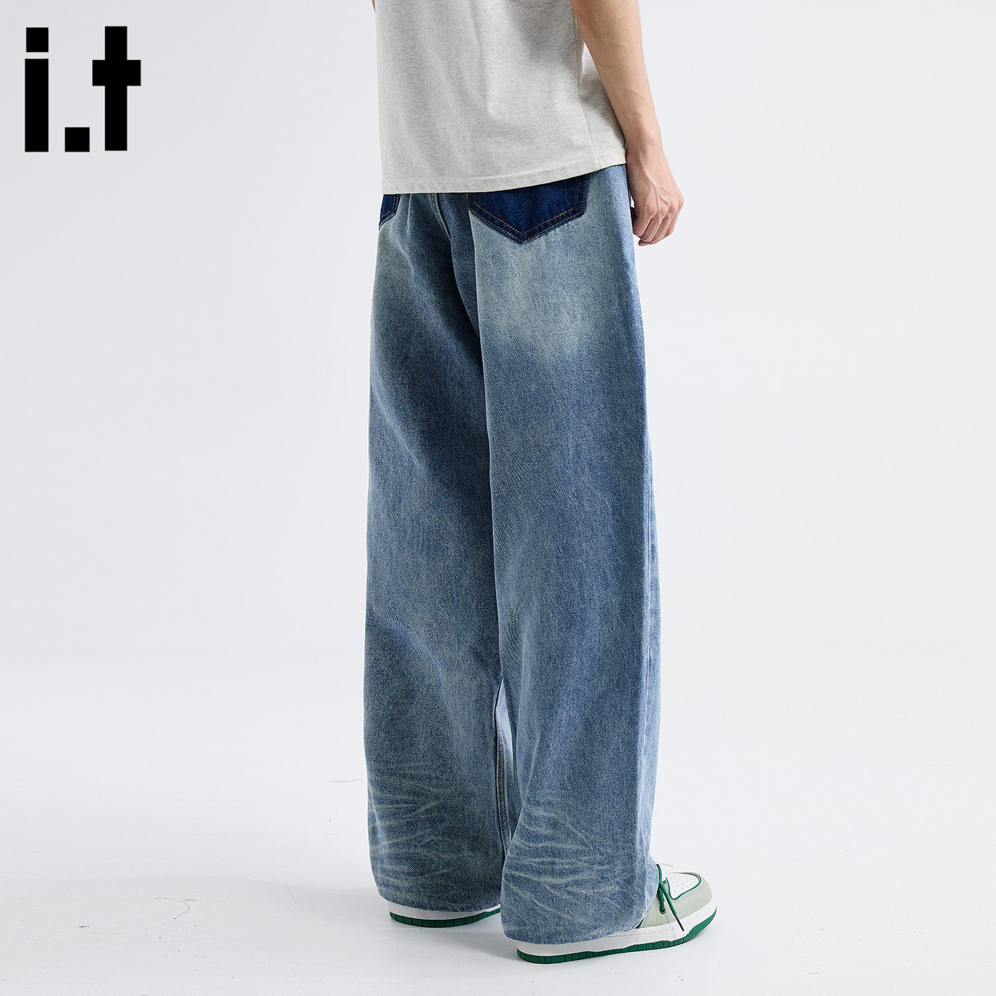 it :5cm/FIVECM美式复古水洗蓝色阔腿牛仔裤男女2025秋季宽松长裤