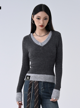 it :5cm/FIVECM拼接撞色长袖v领打底衫针织t恤女2025秋季修身上衣