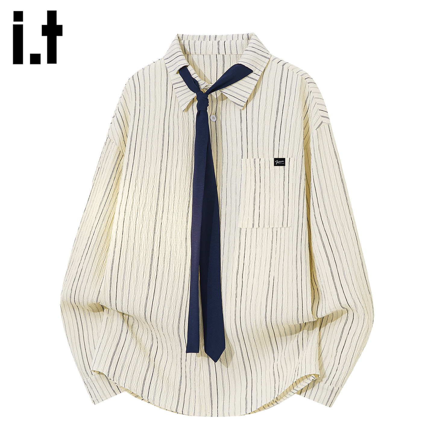 it :5cm/FIVECM美式复古竖纹长袖衬衫领带设计百搭休闲学院风上衣
