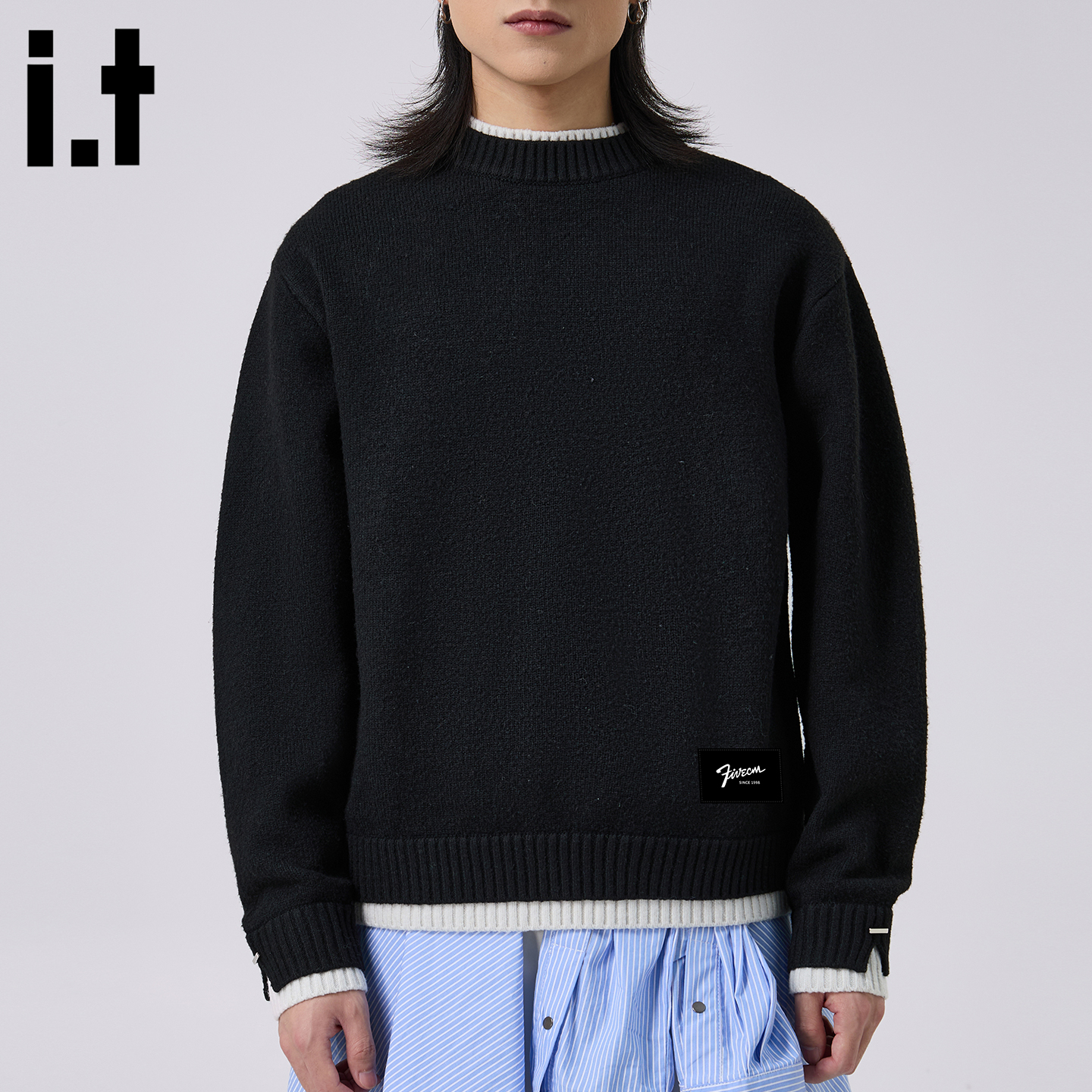 FIVEcm黑色卫衣式长袖针织毛衣