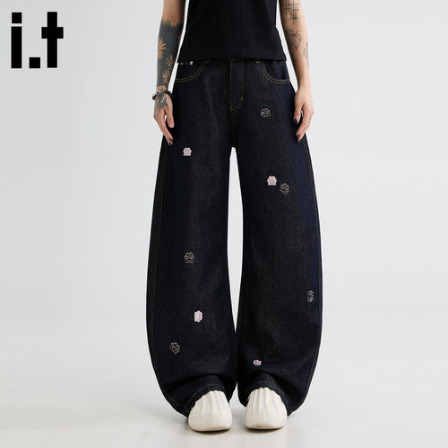 it5cm黑色可爱刺绣宽松弯刀牛仔