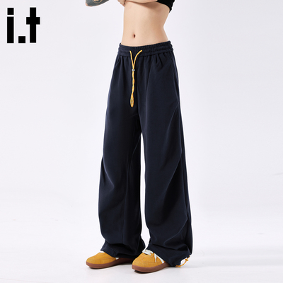 松紧腰藏青褶皱卫裤男女