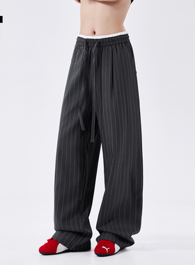 it :5cm/FIVECM黑色双腰头松紧腰垂坠感休闲阔腿裤男女2025秋长裤