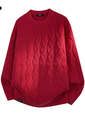 it :5cm/FIVECM红色编织设计圆领毛衣男士2025秋冬季休闲宽松上衣