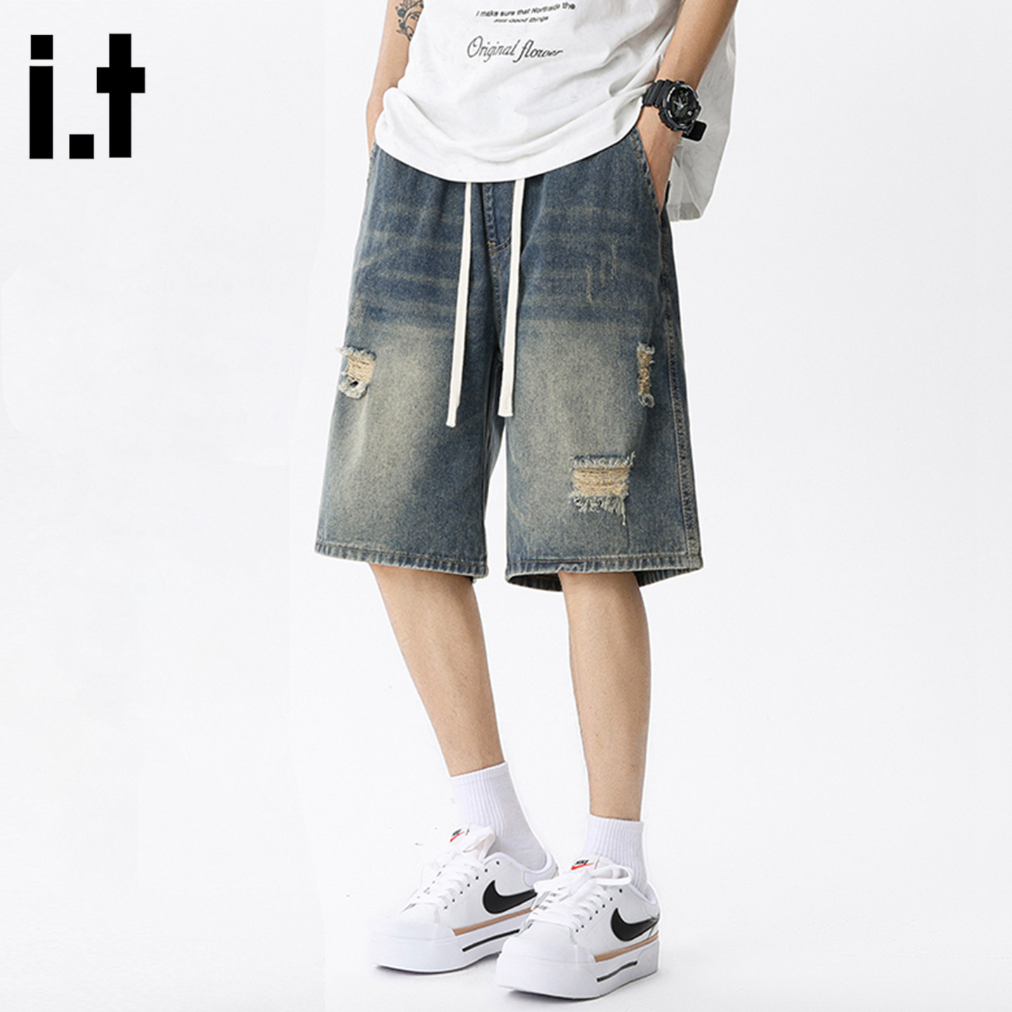 it FIVECM美式新款水洗破洞牛仔短裤男2026夏季薄款宽松五分裤