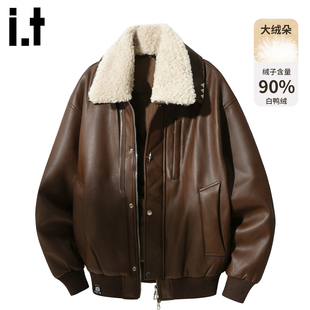冬季 FIVECM复古羊羔毛领pu皮羽绒服男款 90白鸭绒保暖外套 5cm