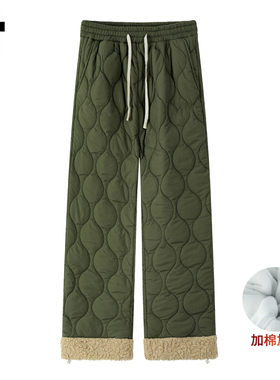 it :5cm/FIVECM绿色棉裤男女冬加绒加厚防风羊羔绒外穿直筒休闲裤