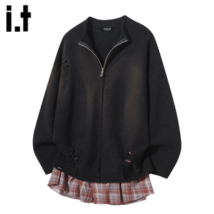 it :5cm/FIVECM时尚潮牌破洞格子毛衣情侣百搭宽松开衫针织外套男