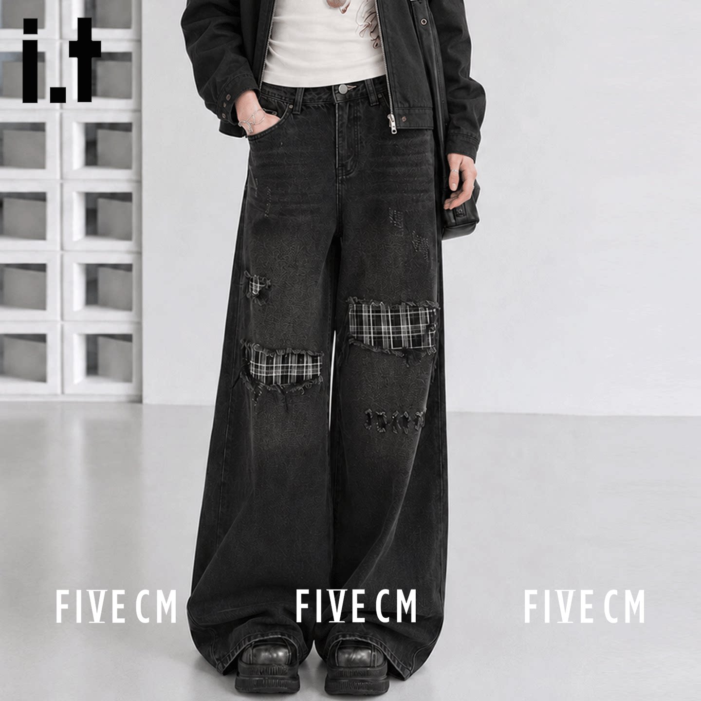 itFIVECM格纹拼接阔腿牛仔裤