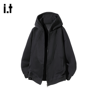 it男黑色连帽拉链卫衣外套